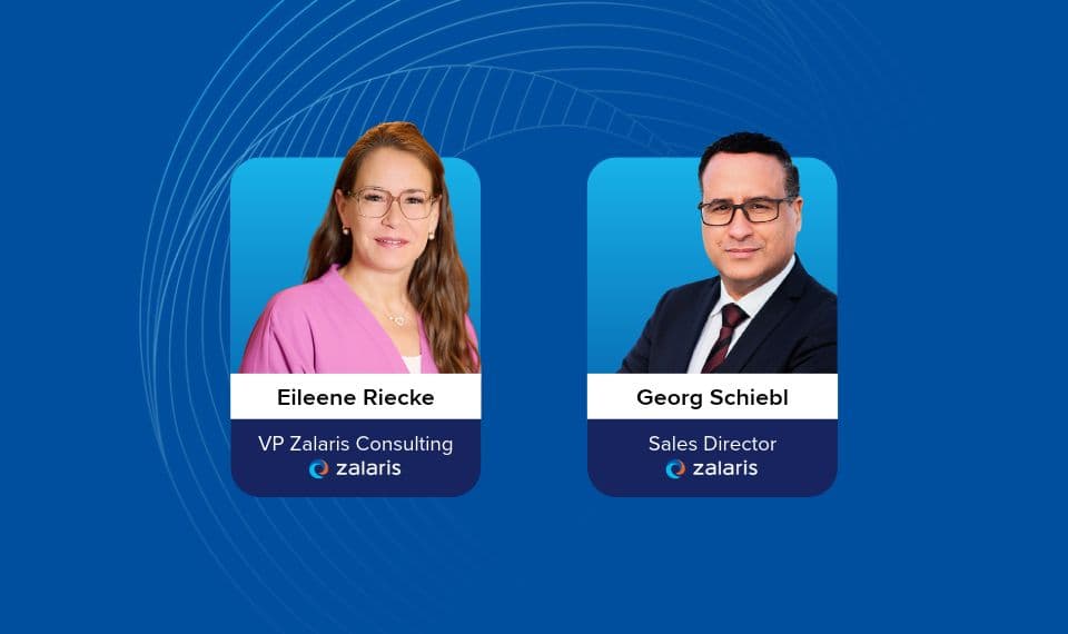 Webinar-Speaker Eileene Riecke, VP Zalaris Consulting, und Georg Schiebl, Sales Director, in runden Porträts mit Zalaris-Logo auf Dunkelblau