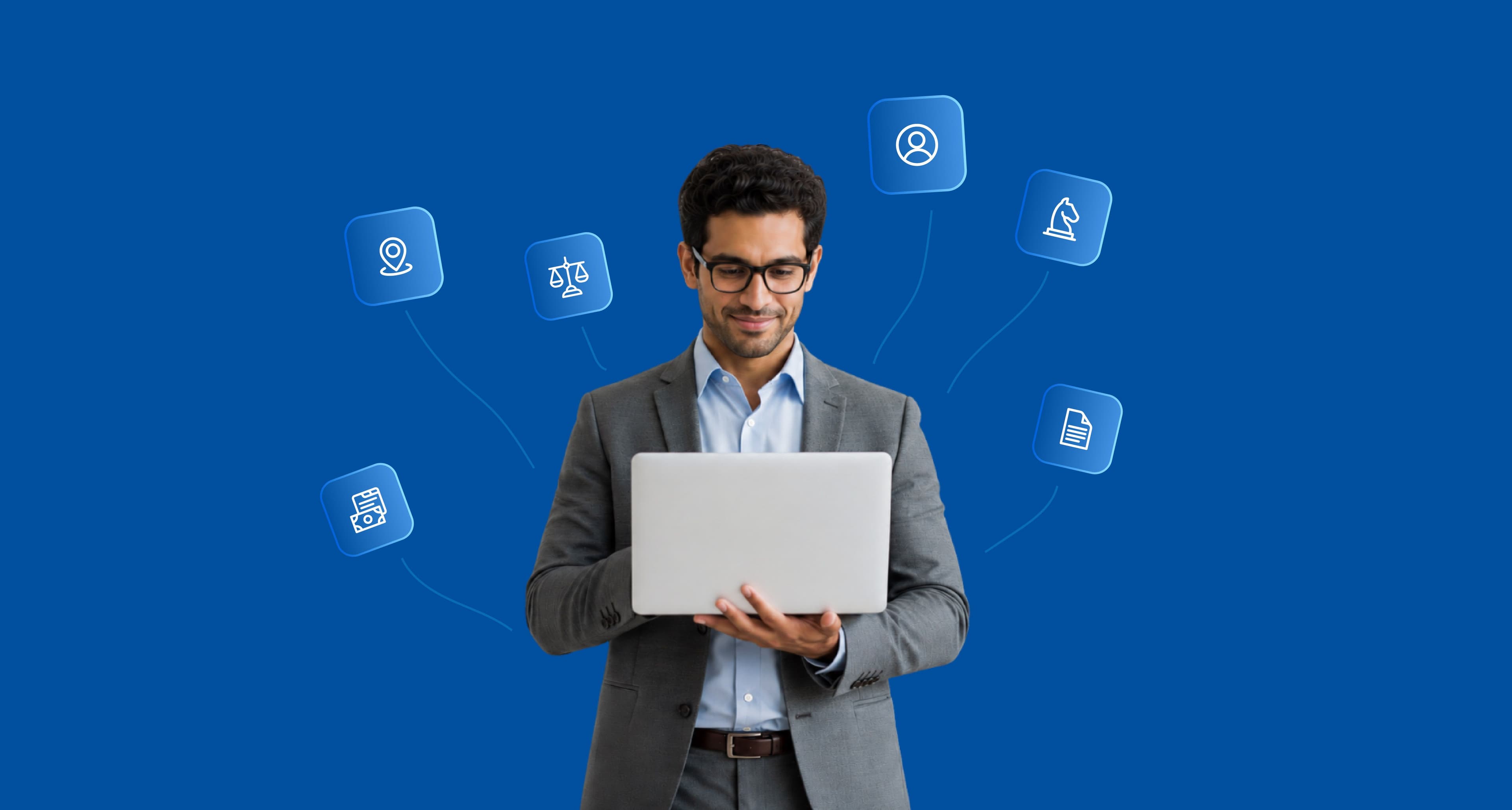Geschäftsmann mit Laptop, umgeben von Icons für Standort, Recht, Gehaltsabrechnung, Profil, Strategie und Dokumente